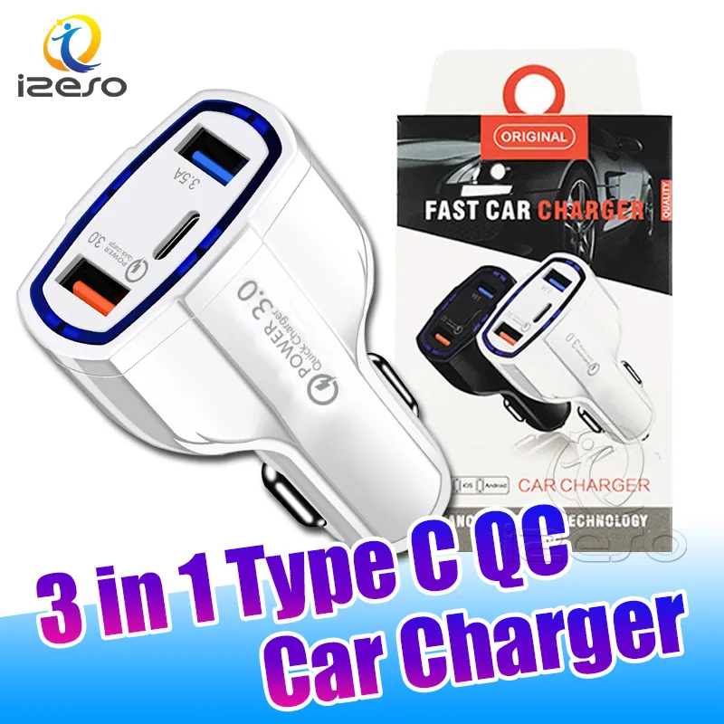 Chargeur de voiture Type C QC3.0 Adaptateur de charge rapide 3 en 1 PD Chargeur rapide pour iPhone 14 13 Pro Max 12 11 avec emballage de vente au détail izeso