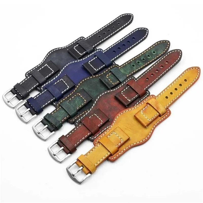 Retro El Yapımı erkek Bilek Watch Band 20mm 22mm 24mm Deri Manşet İzle Bilezik Sarı Mavi Siyah Yeşil Kırmızı Renkli İzle Kayışı 220113