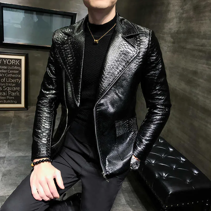 Casual Snake Leather Jacket Coat Men Autumn Design Biker Solid Color PU Leather Jackets Men British Style Men Motorcycle Vintage 211009