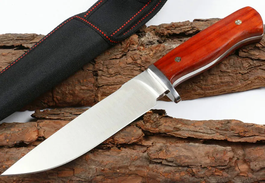 Snabb Shiiping Bowie Fixed Blade Jaktkniv 9CR18Mov Satin Drop Point Blades Full Tang Rosewood Handtag Survival Raka Knivar Med Nylon