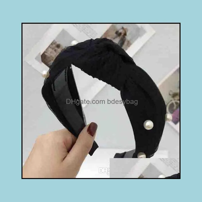 designer headbands Mesh lace pearl version of the wide side simple middle knotted headband female