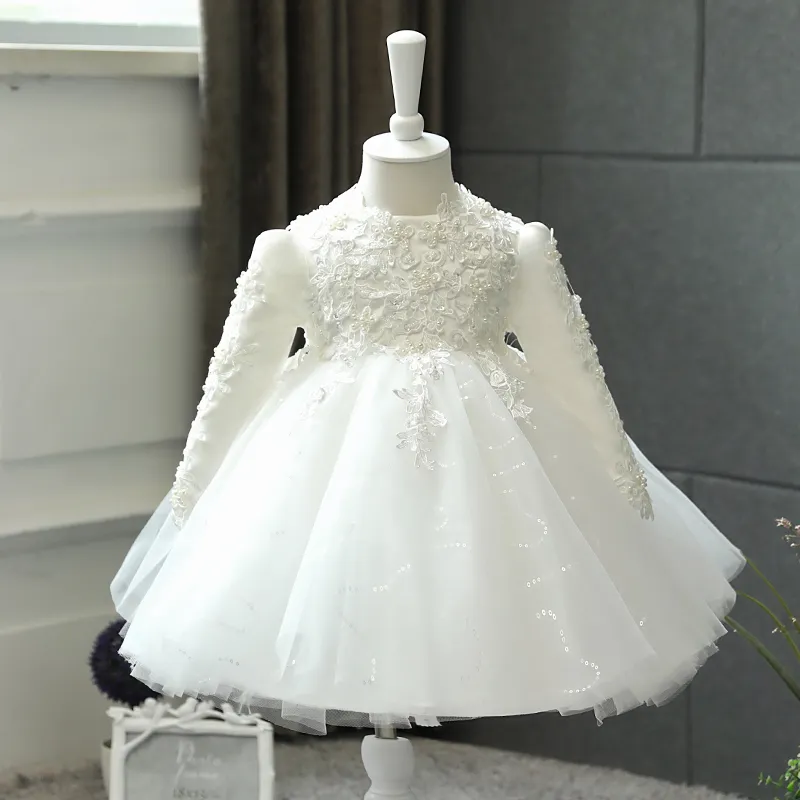 long sleeve baby dress for wedding Baby Girls Lace Long Sleeve Mesh Bow Gorgeous Princess Flower Girl Dress For Wedding Party, Headband Not Included