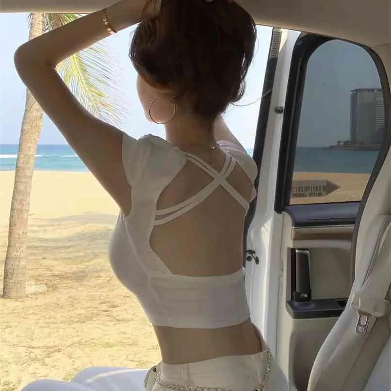 Sexy Girls Short T-shirt Women's Summer Backless Tight-fitting White Short-sleeved Shirt Ins 210529