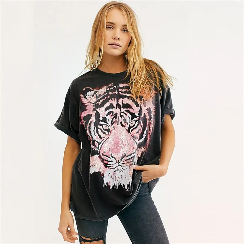 jastie特大のタイガーティーグラフィック女性Tシャツの綿のゆるいスラツィティーシャツO-ネックプルオーバー半袖夏Tシャツトップ210720