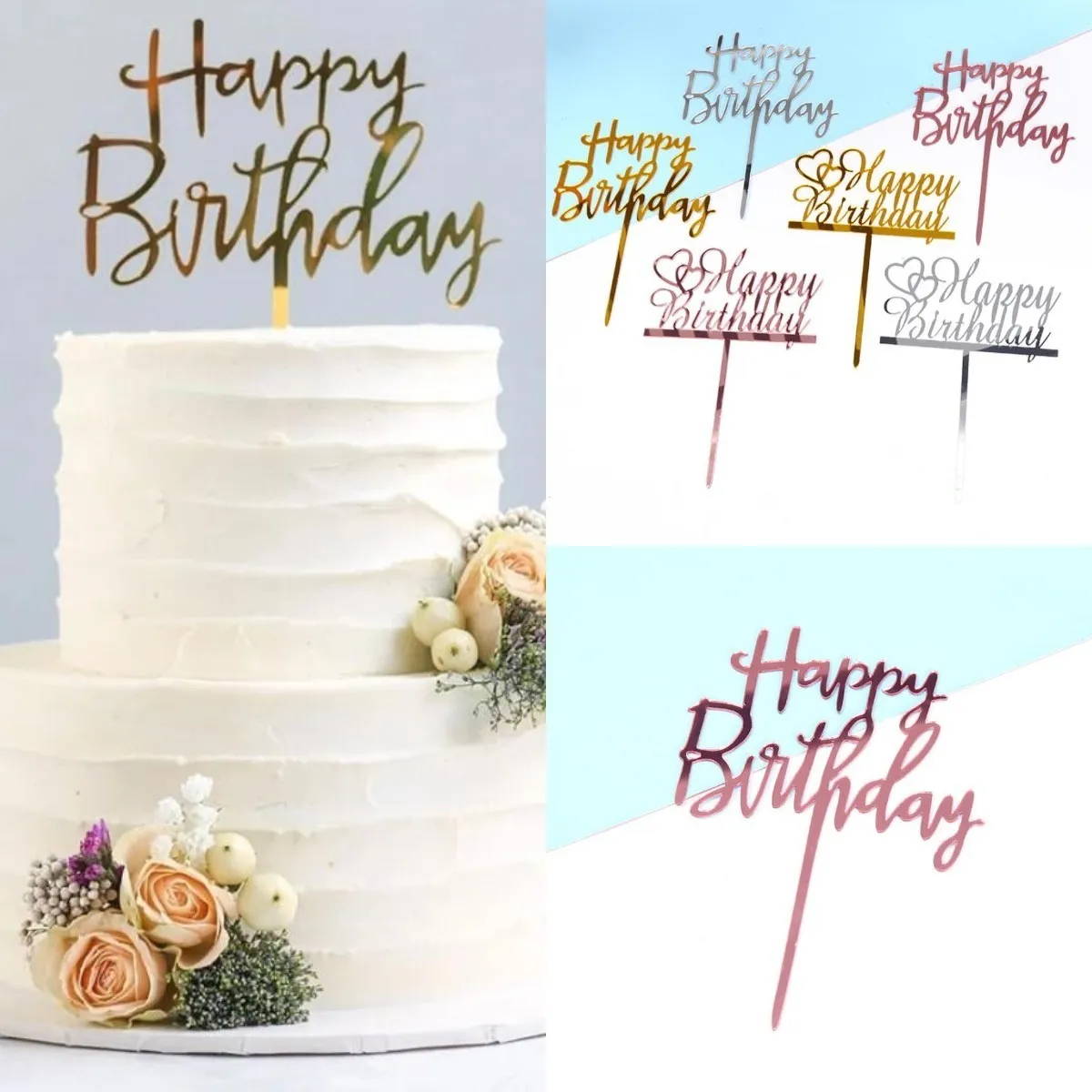 Happy Birthday Silver Cake Topper