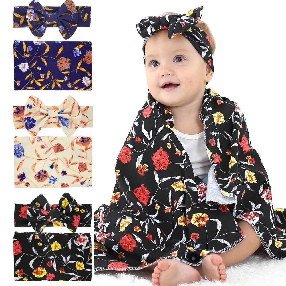 Newborn Baby Swaddling Blankets with big bow Headbands Infant Floral Swaddle Wrap Blanket Hairband Set Kids toddler Cotton wrapping cloth BHB37