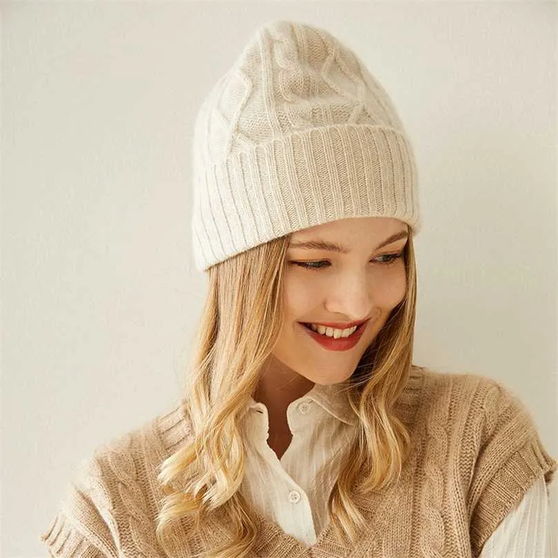 100% cabra cashmere malha headgear macio e quente chapéus mais espessos para meninas inverno outono 3 cores moda chapéu 211119