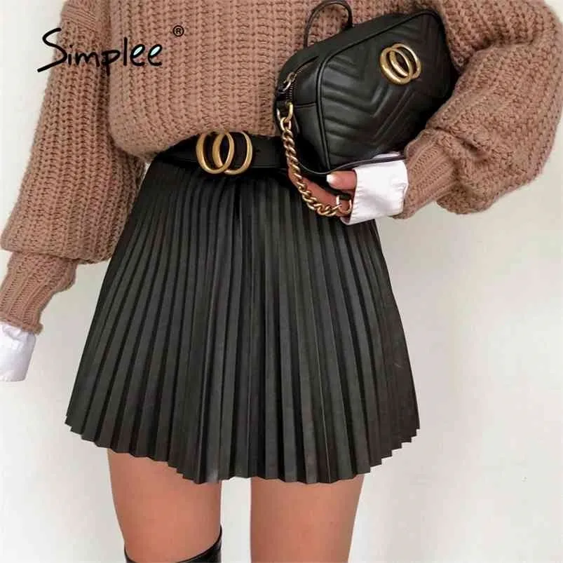 Moda donna nera gonna a pieghe A line high street sexy mini gonna Autunno inverno vita alta gonne corte femminile 210730
