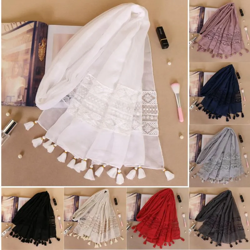 Szaliki Eleganckie Kobiety Tassel Szal Zwykły Szalik Jedwabny Muzułmańska Głowa Wisiorek Szale Panie Lace Fringe Scarfs Hijabs Fulfard Wrap