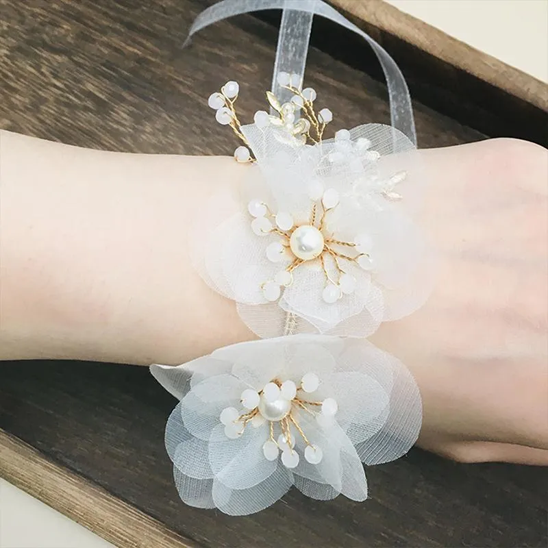 Bangle Pearl Crystal Pols Corsage Bruidsmeisjes Kinderhand Bloem Huwelijk Mooie Bruid Bruiloft Armbanden Meisjes Sieraden