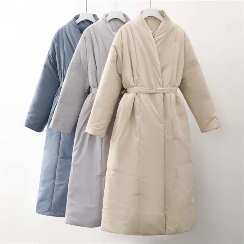 Design Kvinnor Vinterexamen Tjock Coat Warm Parka Oversized Maxi Long Coat With Belt Casual Outerwear 211008
