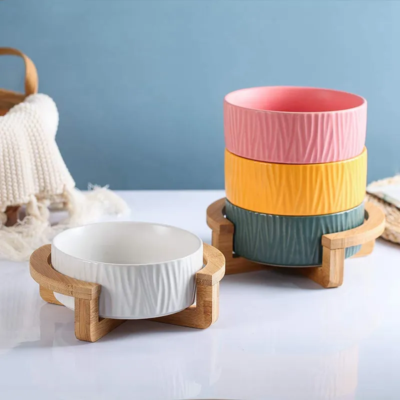 Elevated Ceramic Cat Bowl with Wood Stand - Tree Design, No Spill Pet ...