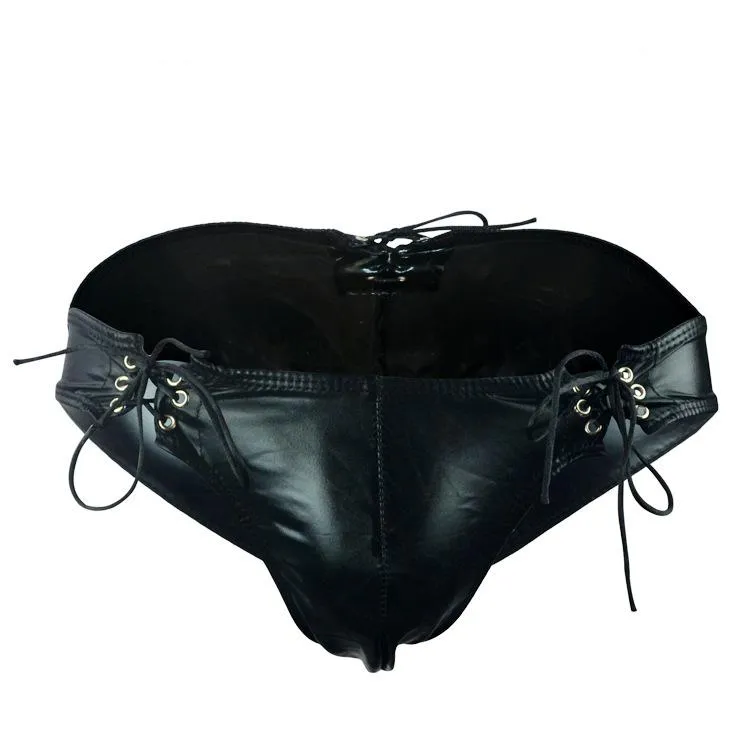 Underpants Gay Underwear Men's Panties Sexy Lingerie Wetlook Faux Leather Male U Convex Briefs Adjustable Drawstring PU
