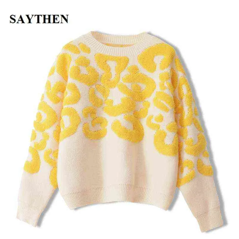 Saythen Runway Luxury Höst Vinter Pullovers Geometriska Retro Leopard Stickar Sweater Sweater Kvinnor Märke Jumpers 211217