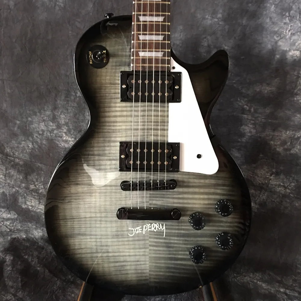 Custom 1959 R9 VOS Trans Black Grey Joe Perry Cadillac Electric Guitar Tiger Flame Maple Top, Trapezoid White Mother of Pearl Inlay, Atramentous Hardware