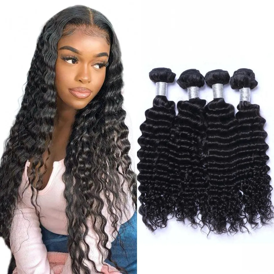 Tissage en lot brésilien Non Remy ondulé profond, Extensions de cheveux naturels bouclés, 8 à 26 pouces, 3/4 pièces