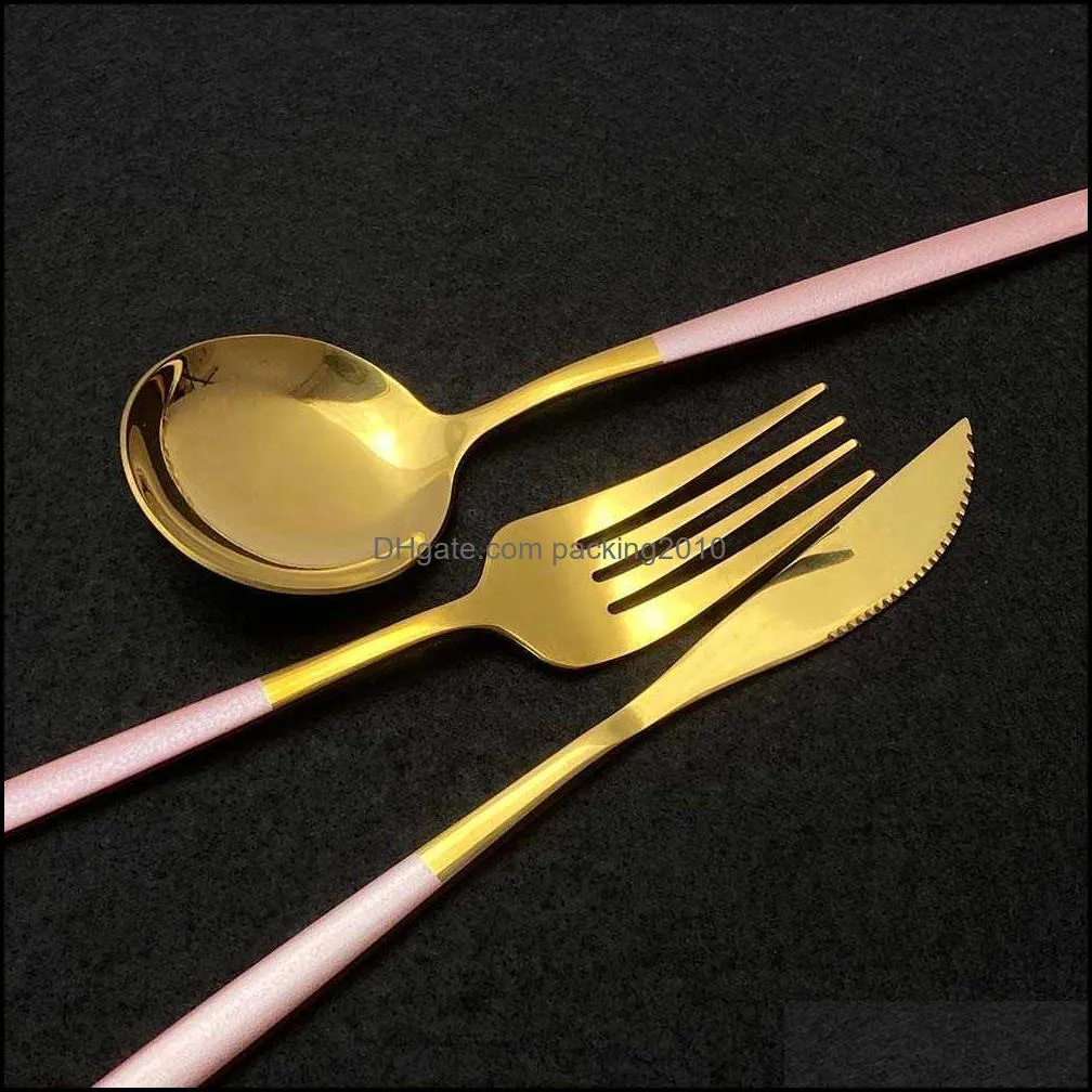 24Pcs White Gold Shiny Dinnerware Set Stainless Steel Knife Fork Spoon Silverware Cutlery Set Kitchen Flatware Tableware Set X0703
