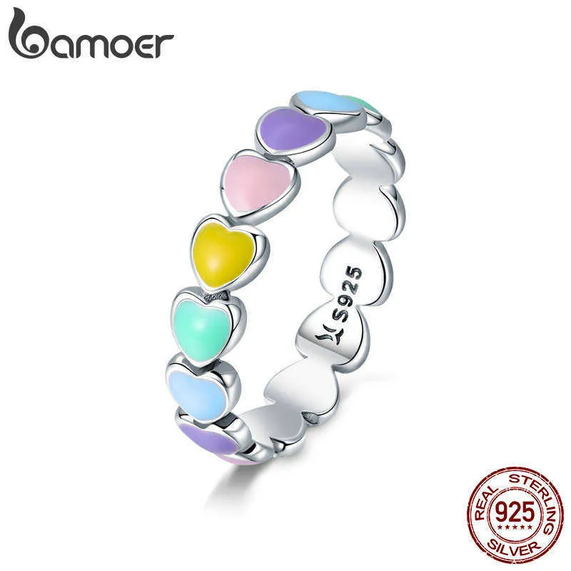 Bamoer 925 Sterling Silver Rainbow Heart Finger Ring för Tjej, Kvinnor Staplable Med Mini Hearts Trendy Party Smycken