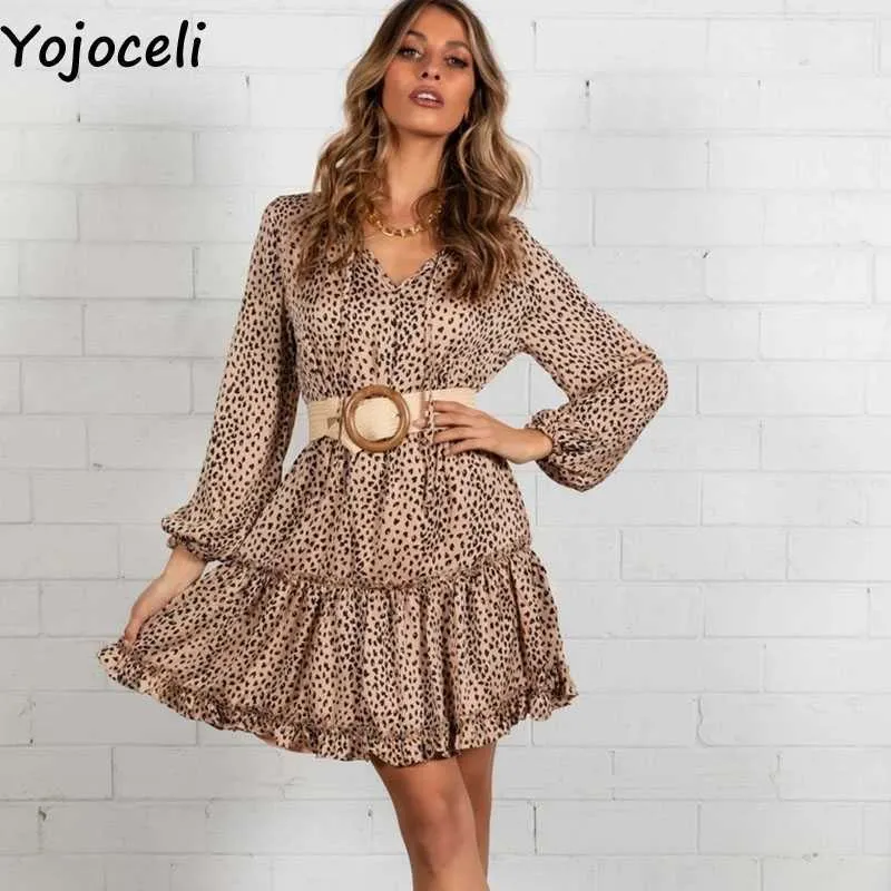 Yojoceli Secy Rüschen Leopard kurzes Kleid Herbst Party lässig cool Lose tägliche weibliche Mini-Kleider 210609