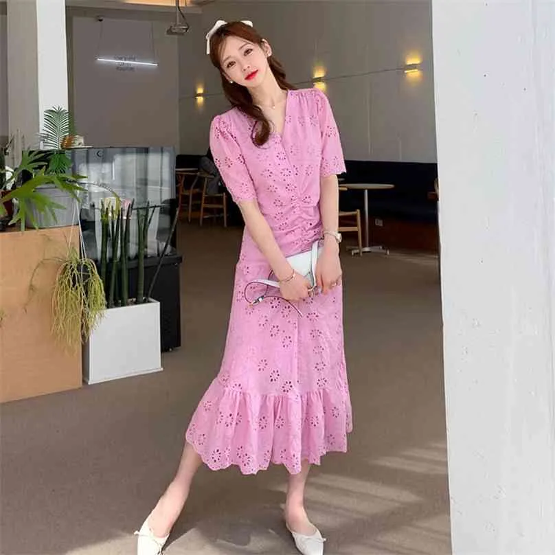 Розовое длинное платье для женщин летом с коротким рукавом V шеи корея линии дамы сексуальные выдолбленные Maxi платья 210602