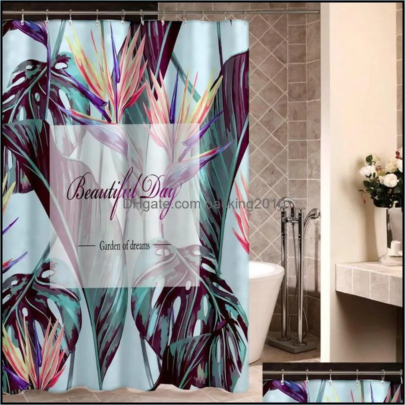 Natural Plant Shower Curtain Set with 12 Hooks Cartoon Forest Bathroom Decoration