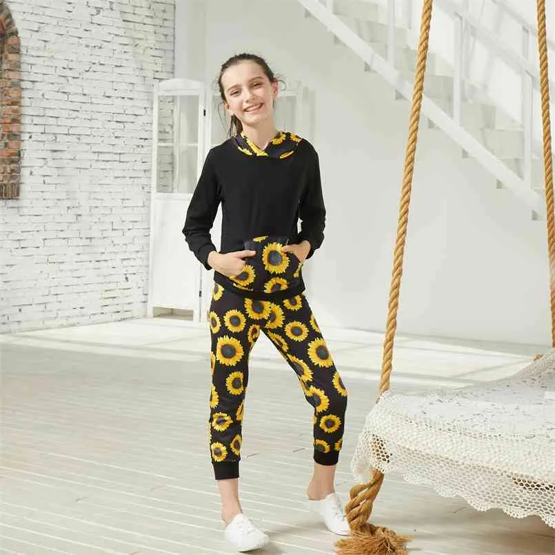 Set di pantaloni felpa con cappuccio con stampa girasole alla moda primaverili e autunnali per abbigliamento bambina 210528