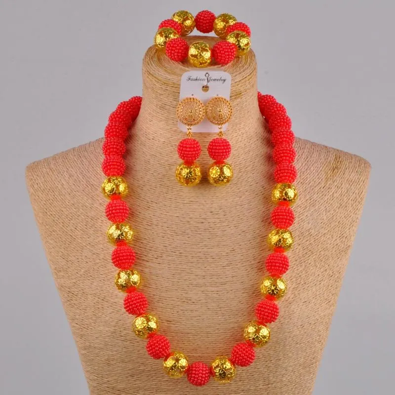 Boucles d'oreilles collier 24 pouces rouge simulé perle ensemble de bijoux mariage africain FZZ34
