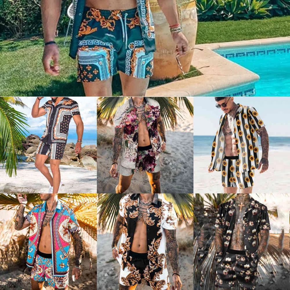 Conjuntos de estampado de verano para hombres Camisas casuales de manga corta hawaiana Pantalones cortos transpirables Vacaciones Playa Trajes para hombres 2 piezas Streetwear S-3XL X0610