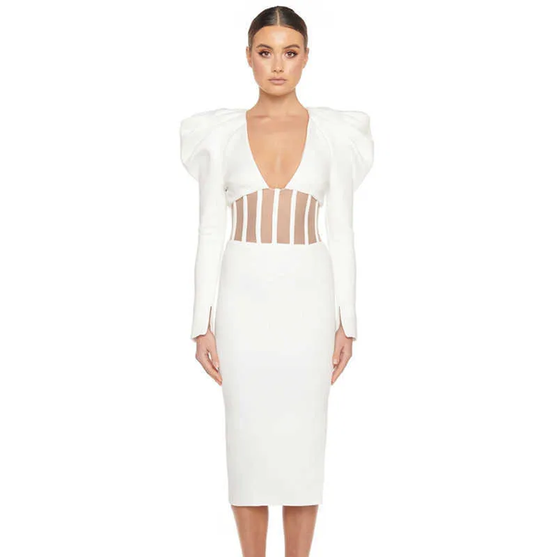 Vinter Kvinnor Sexig Designer Lace Mesh White Bandage Dress Ladies Elegant Långärmad Midi Bodycon Party Vestido 210527