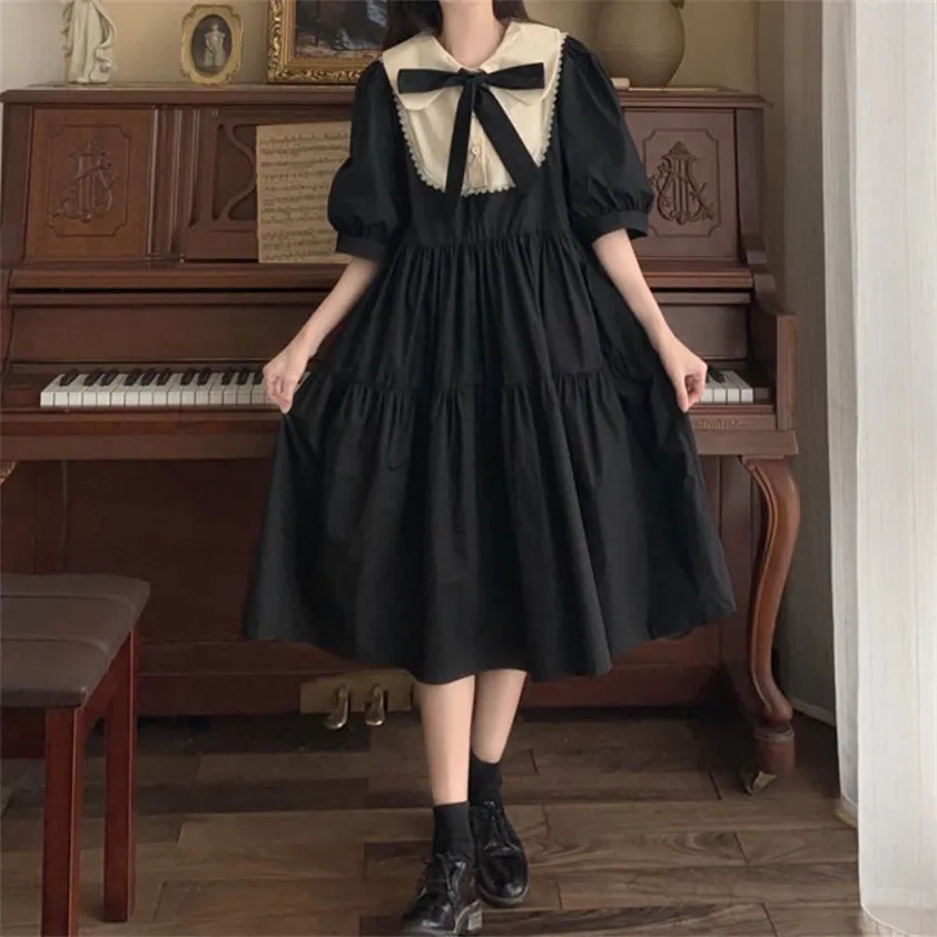 HOUZHOU Woman Lolita Dress Kawaii Elegant Vintage Dresses Spring Sweet Cute Puff Sleeve Preppy Style Sundress Fashion Robe 220215