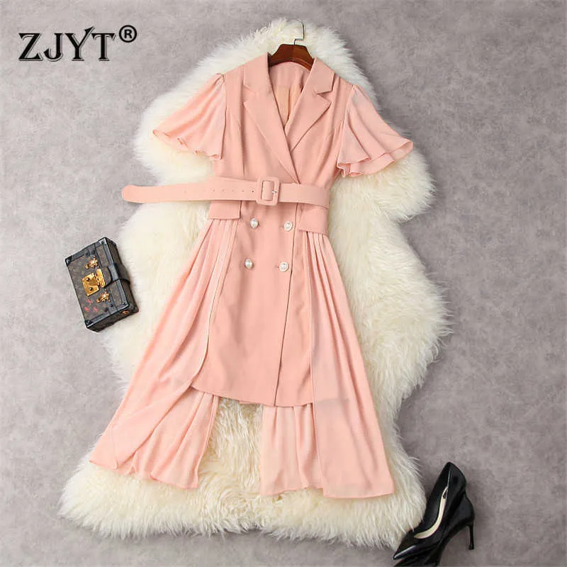 Elegant Short Sleeve Summer Women's Chiffon Patchwork Notched Irregular Blazer Dress Lady Office Work Wear Female Clothing 210601