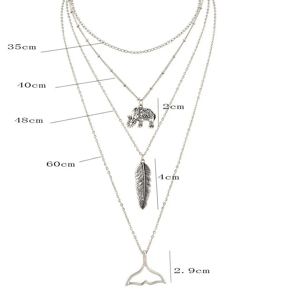 Collier couleur argent pour femmes, 4 couches, pendentif éléphant, chaîne, pendentifs en dentelle velours, bijoux à la mode