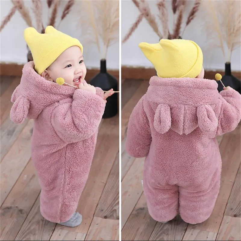 Solid Hooded 3D Bear Design Long-sleeve Baby Jumpsuit
