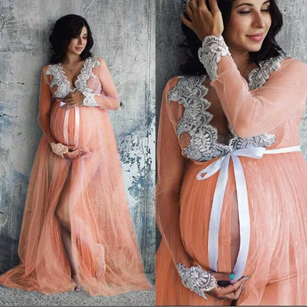 Mulheres Lace Maternity Dress Mulheres Gravidez Lace Longo Maxi Vestido Mulheres Grávidas Roupas Fantasia Gravidez Foto Props Shoot Fashion Y0924