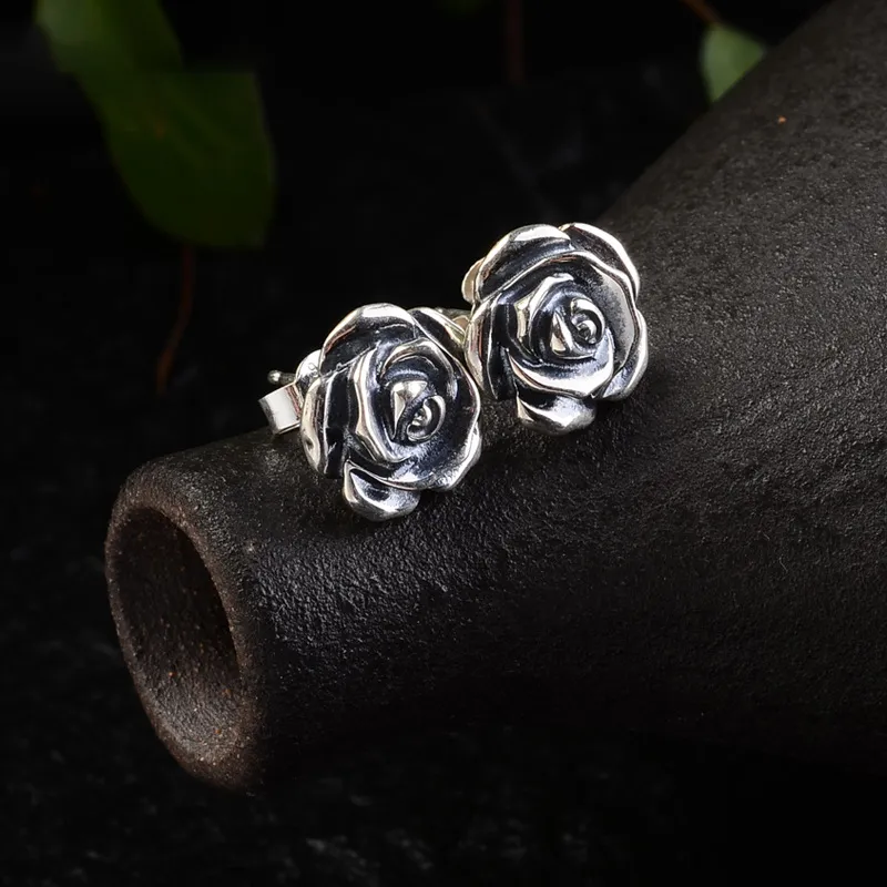 925 Sterling Rose Earrings for Women Studs Earring Set Retro Antique Style Silver 925 Jewelry