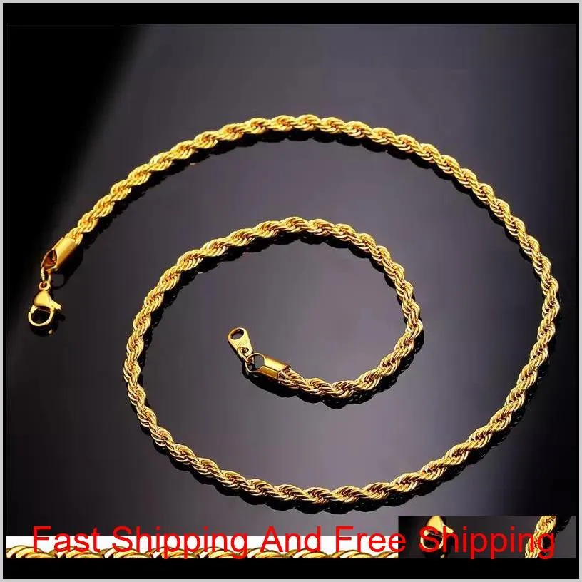 Collier de chaîne de corde en acier inoxydable plaqué or véritable 18 carats pour hommes femmes cadeau accessoires de bijoux de mode en gros Plt6G Z4Ivb