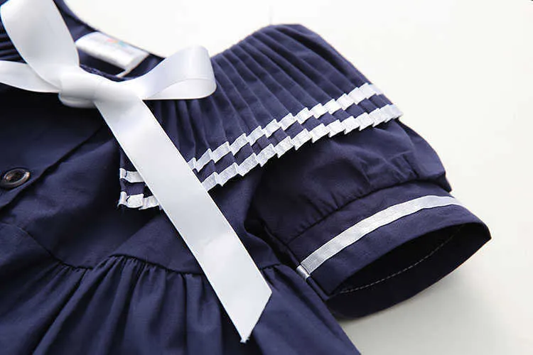  Summer 2 3 4 6 8 10 Years Children Cute Short Sleeve Botton Bow Sailor Collar Patchwork Little Kids Navy Blue Girls Dress (8)