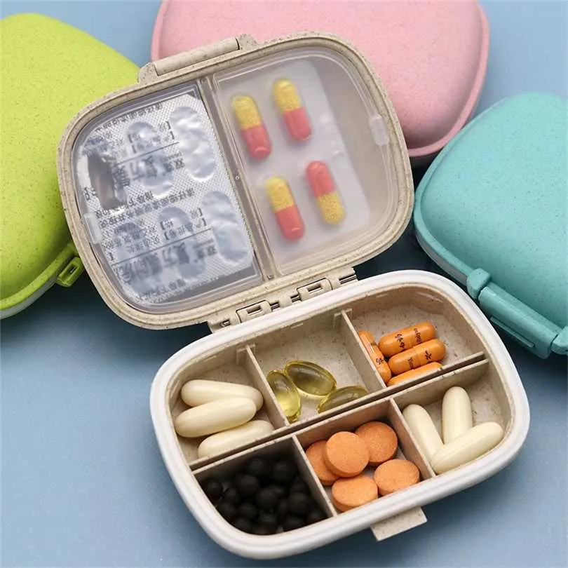 8 grids organizer container for tablets travel pill box with Seal ring Small Wheat straw medicines 211102