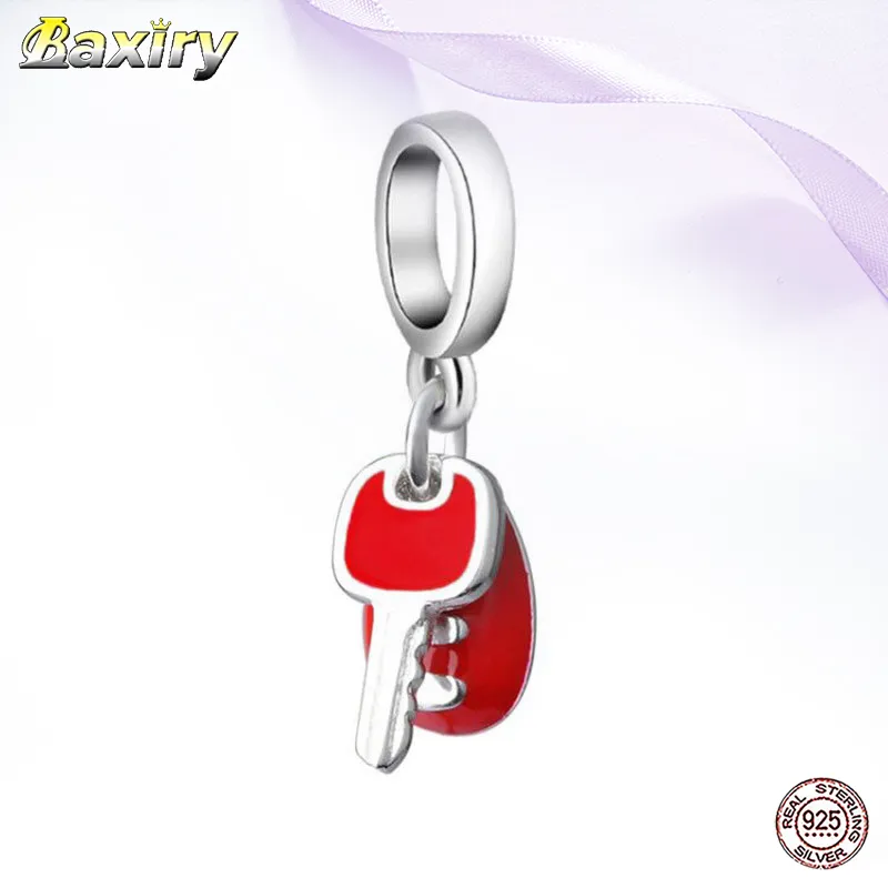 Red Enamel Beads 925 Sterling Silver DIY Key Pendant Fit Women Charms Silver 925 Original 2020 Bracelet Beads For Jewelry Making Q0531