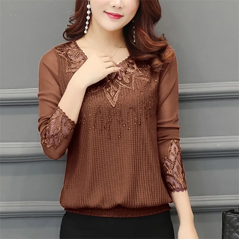 Mousseline de soie femmes chemise évider à manches longues broderie Sequin perle dentelle maille Blouse chemise grande taille haut Blusa Feminina 210302