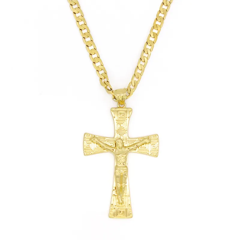 Solid 10k Yellow Gold Filled Jesus wide Cross Charm Big Pendant 55*35mm with 24" Miami Cuban Chain 600*5mm