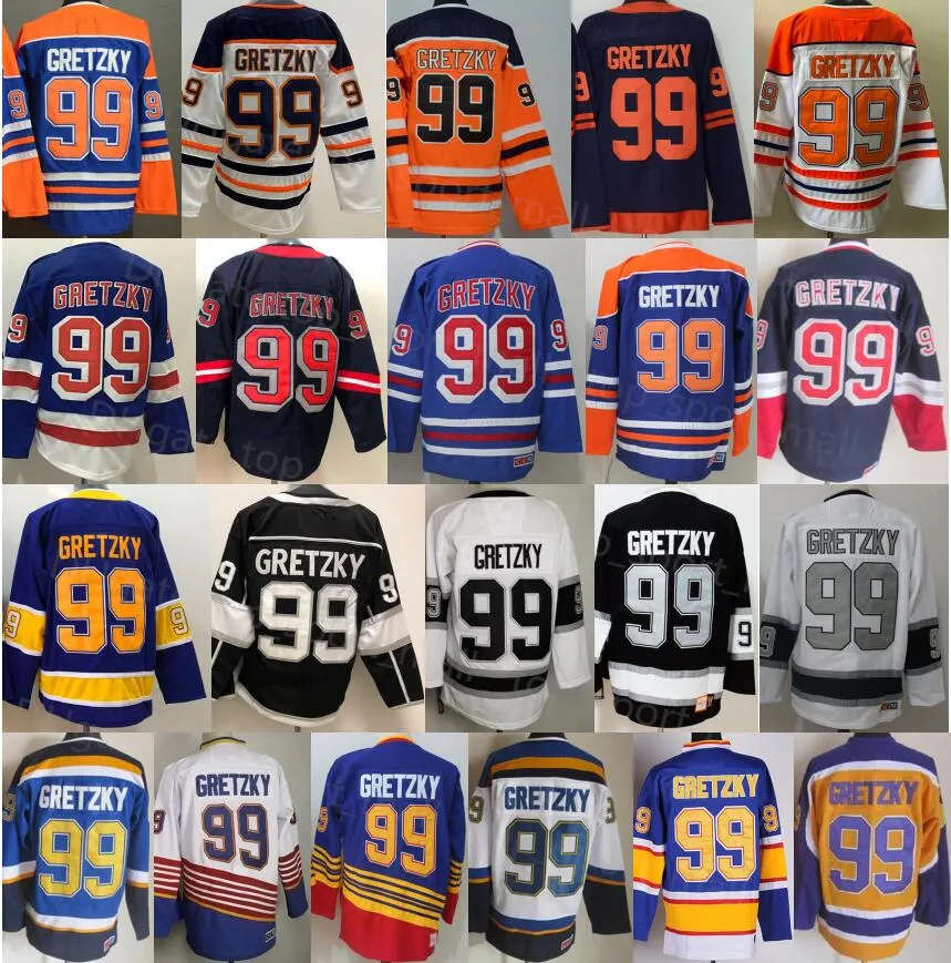 Mannen IJshockey 99 Wayne Gretzky Jersey Reverse Retro Pensioen Blauw Wit Zwart Oranje 1979 1988 1996 CCM Vintage Sport Jerseys Uniform Gestikt Goede kwaliteit Lange mouw