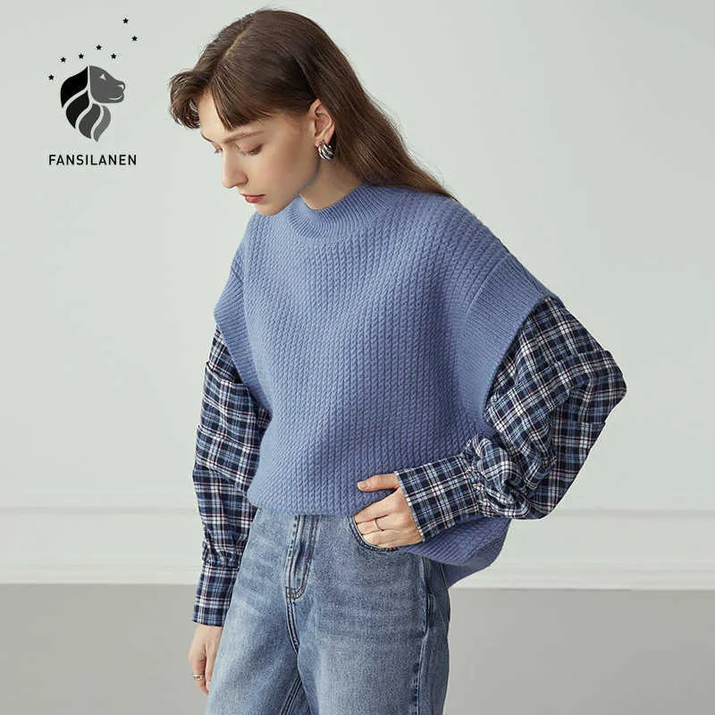 Fansilanen nep tweedelige set oversized blauw gebreide trui vrouwen lange mouw patchwork pullover winter casual jumper knitwear 210607