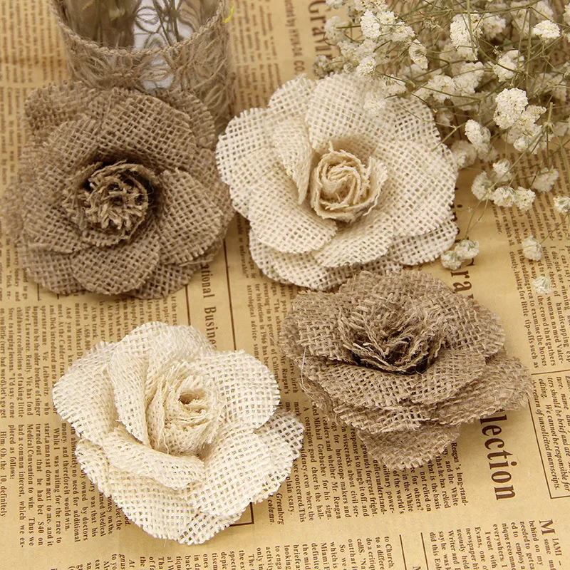 2/3/5Pc 9cm Handmade Natural Linen Burlap Hessian Jute Flower Rose DIY Craft Rustic Wedding Birthday Party Christmas Decoration