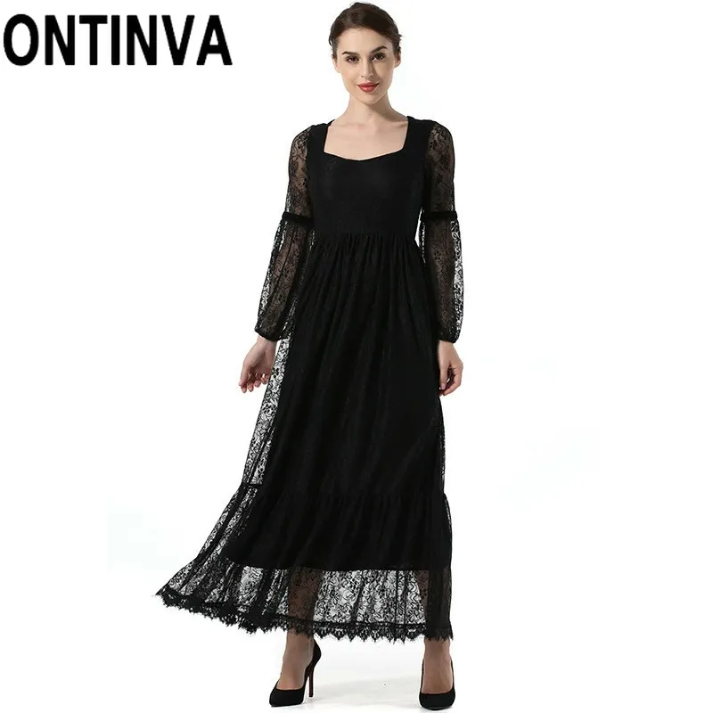 Długi Rękaw Lantern Koronki Sukienka Eleganckie Panie Czarne Vintage Dresses na Dance Party Maxi Kobiety Jesień Zima 210527