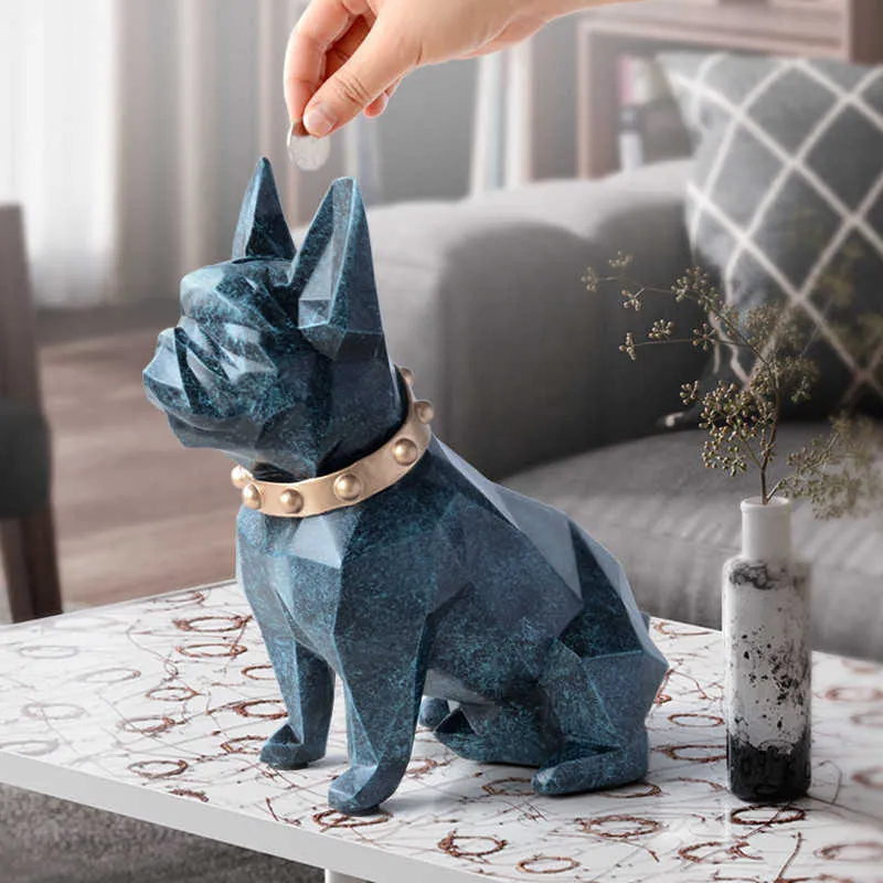 European Style Geometry French Bulldog Resin Statue Money Box Creative Home Decor Coin Storage Box Child Gift Piggy Bank WX3 T200619