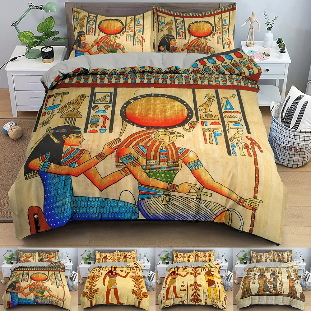 Egyptiska sängkläder Set Forntida Egypten Civilisation Duvet Cover Characters Home Textiles sängkläder 2 / 3pcs 210309