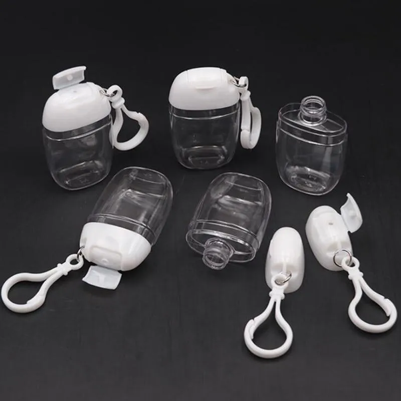 Bottiglia per sanificazione della mano 30ml con tasto anello gancio trasparente plastica trasparente contenitori riutilizzabili bottiglia da viaggio