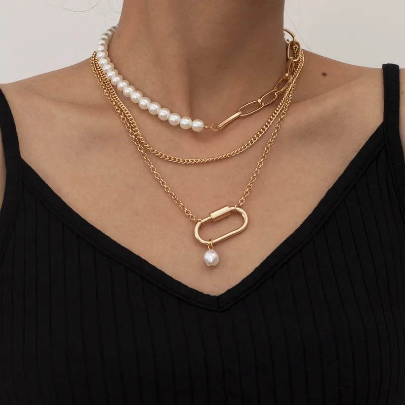 LOVOACC Vintage trombone colliers pour femmes mode multicouche perle chaîne collier asymétrique creux tour de cou bijoux