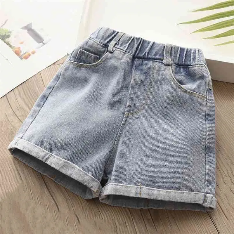 Summer Casual 2 3 4 5 6 7 8 9 10 11 12 Years Simple All Match Elastic Solid Color Denim Shorts For Kids Baby Girls 210701